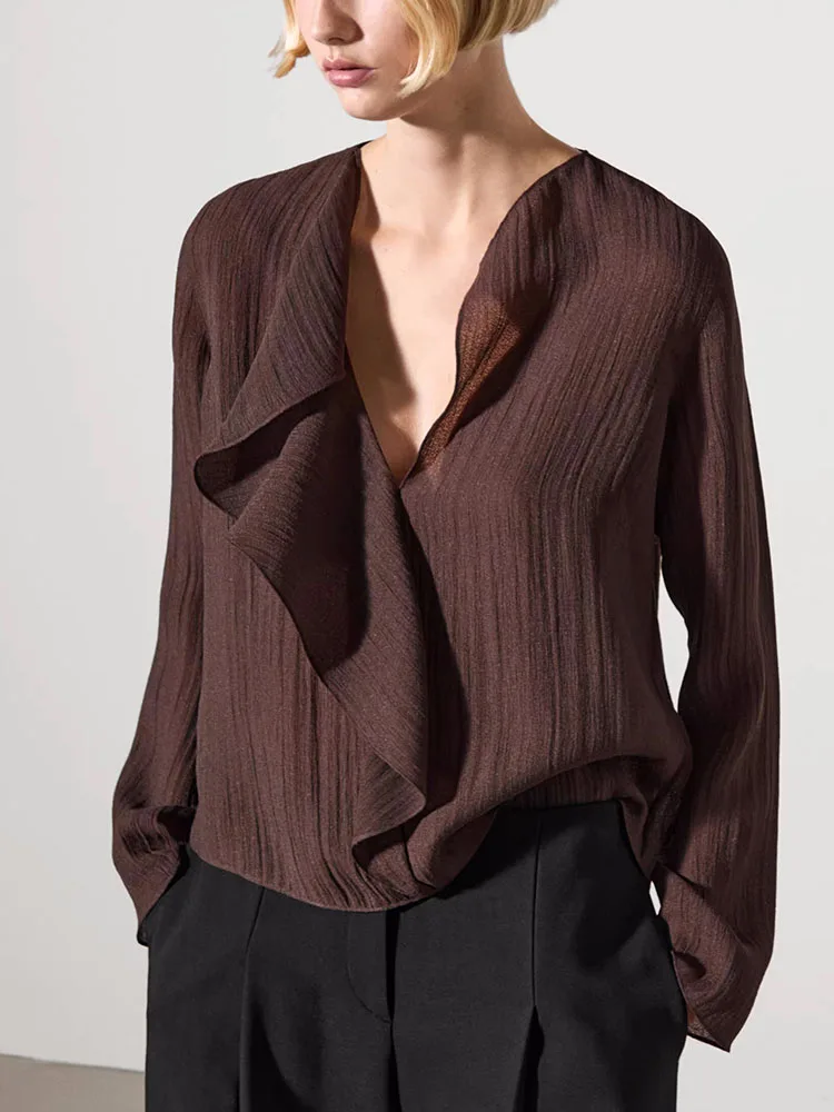 

Spring New Arrival Women's Retro V-ne Long Sve irt Floral Lace Trim Commute Sle Pure Color Casual Ladies' irt