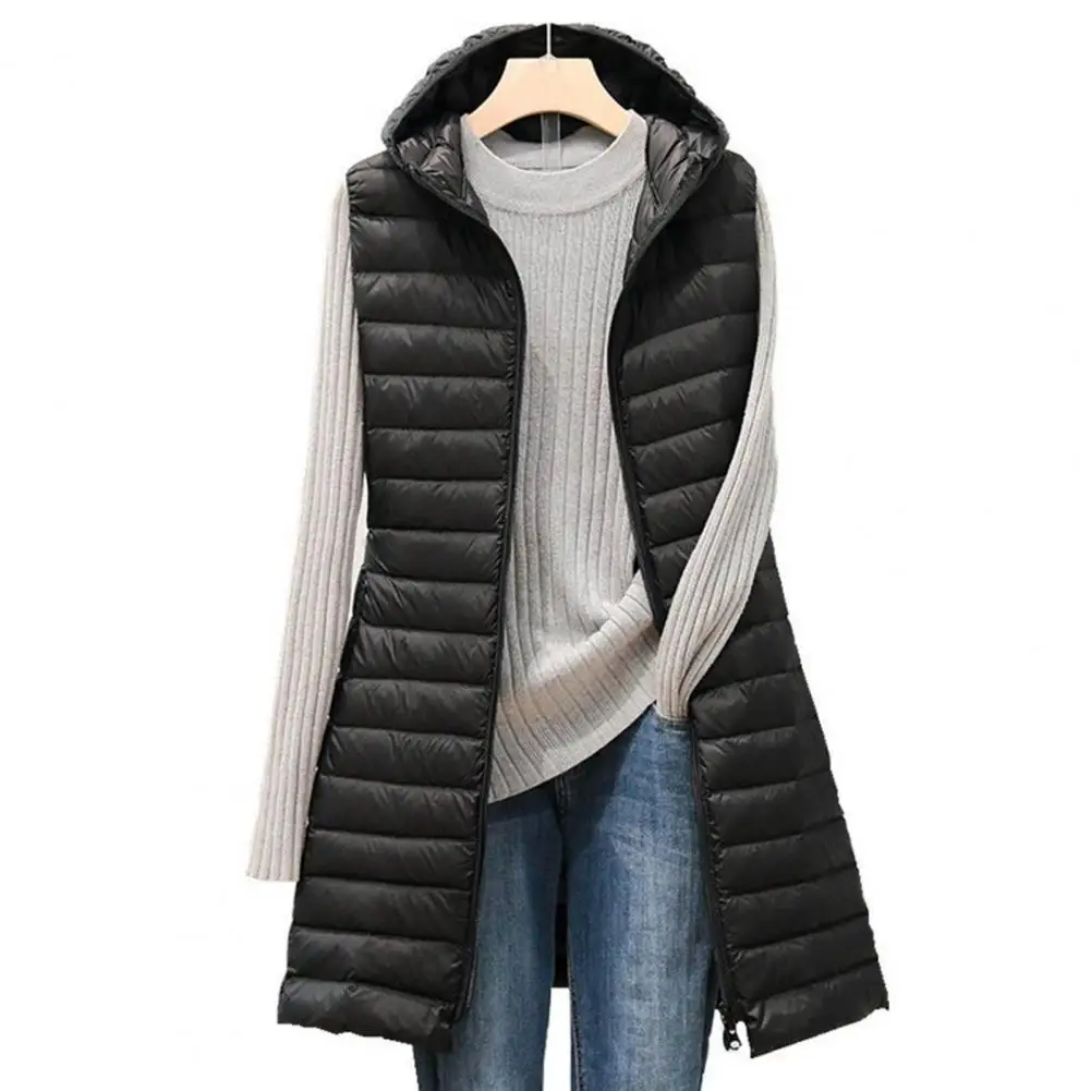 Ladies medium and long style pure color Hooded light down cotton vest jacket autumn and winter slim sleeveless Women Parkas vest