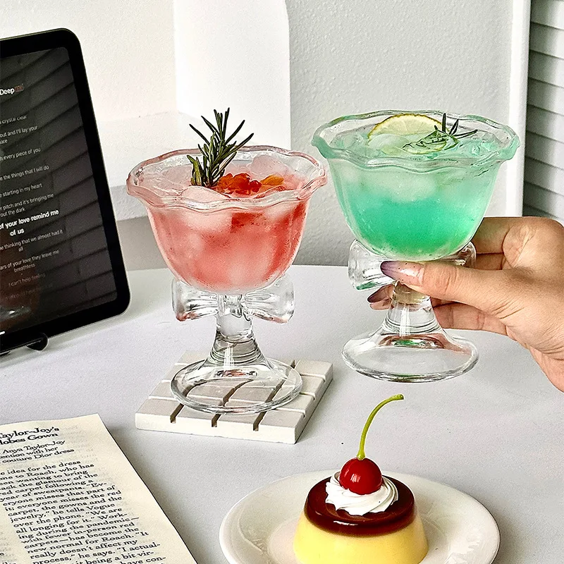 

New Vintage Bows Glass Transparent Cups Ice Cream Cups Dessert Cups High End Cute Girl Exquisite Personalized Design Coffee Cup