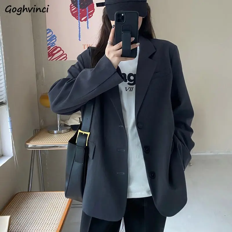 

Casual Office Ladies Blazers Women Notched Simple Autumn New Popular Loose Ulzzang Feminine All-match Trendy Solid Ins Coat