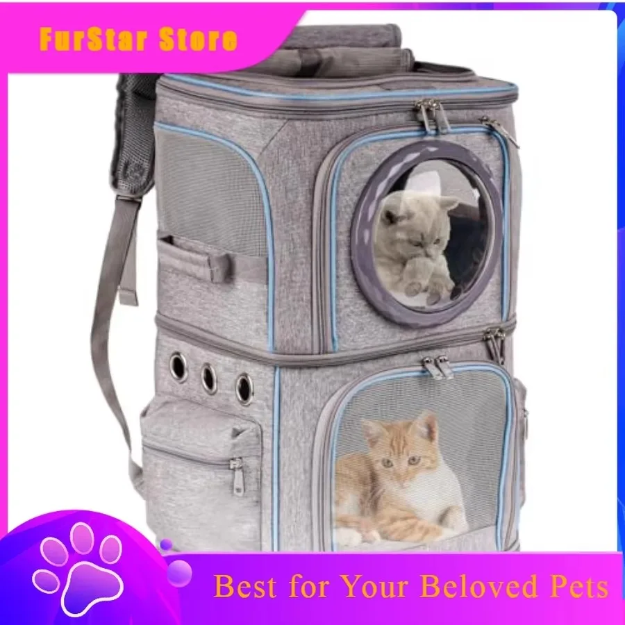 FurStar2-in-1 Pet Carrier Backpack For Two Cats Or One Dog Double-Layer 2 Compartment Carry Bag To Transport Small Animals Trave