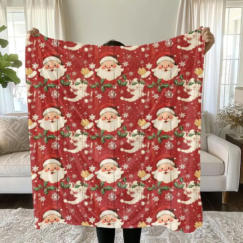 VIKAMA Retro Santa Claus Throw Blanket with Repeating Faces and Holly Merry Christmas Home Decor Blanket for Couch and Gifts
