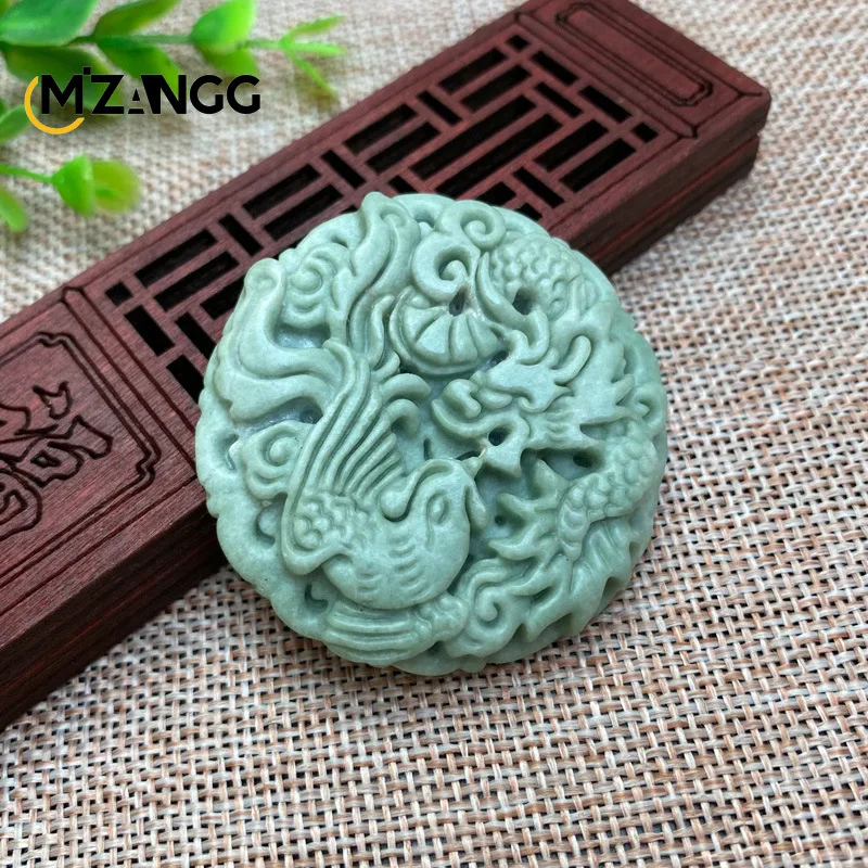 Natural Green Jade Carved Dragon Phoenix Chengxiang Pendant Exquisite Fashion Men\'s and Women\'s Necklace Lucky Charms Gift