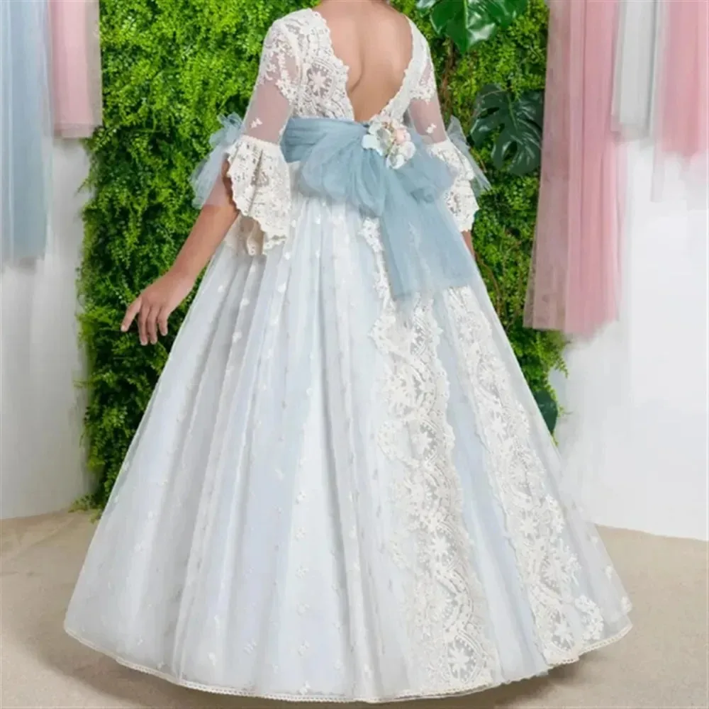 Flower Girl Dresses Pageant for Wedding Lace Appliques Floor Length Elegent Girl Birthday Party First Communion Gowns Customized