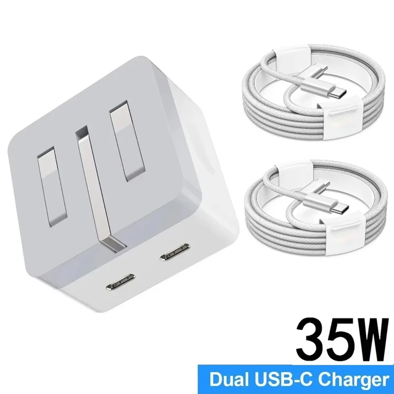 35W Dual USB C Ports Fast Charging PD Wall Charger Power Adapter Foldable UK US Plug For Iphone 15 16 Max ipad Pro Samsung Cable