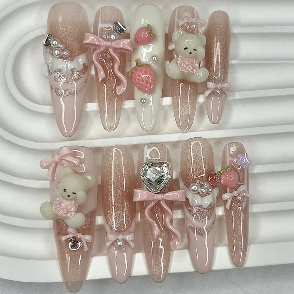 10개 진주 글리터 핑크 3D 딸기 테디베어 핸드메이드 프레스온 네일 블러쉬 귀여운 리본 가짜 손톱 탈부착 가능 재사용 가능