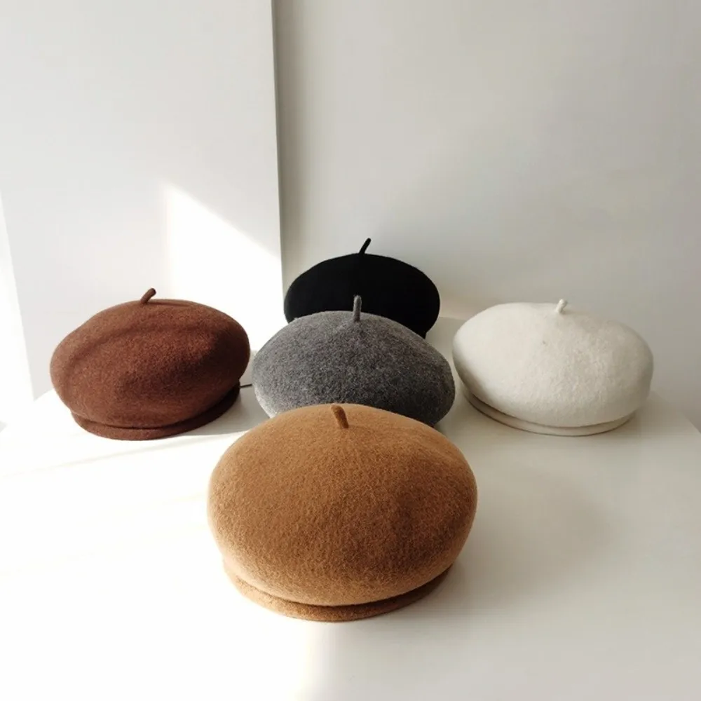 Elegant Wool Beret Cap Solid Color Rolled Edge British Top Hat Soft Winter Warm Fashion Fedoras