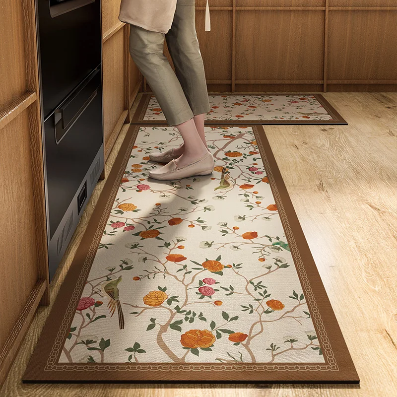 Chinese Style Landscape Kitchen Carpet Flower and Bird Pattern PVC Rug Retro Ethnic Style Non-slip Foot Mat Waterproof Floor Mat