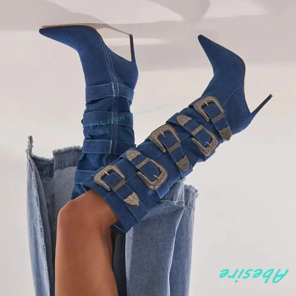 Western Cowgirl Retro Shoes New Blue Denim Multi Belt Buckles Knee High Boots Pointed Toe Thin Heels Side Zipper Shoes for Women