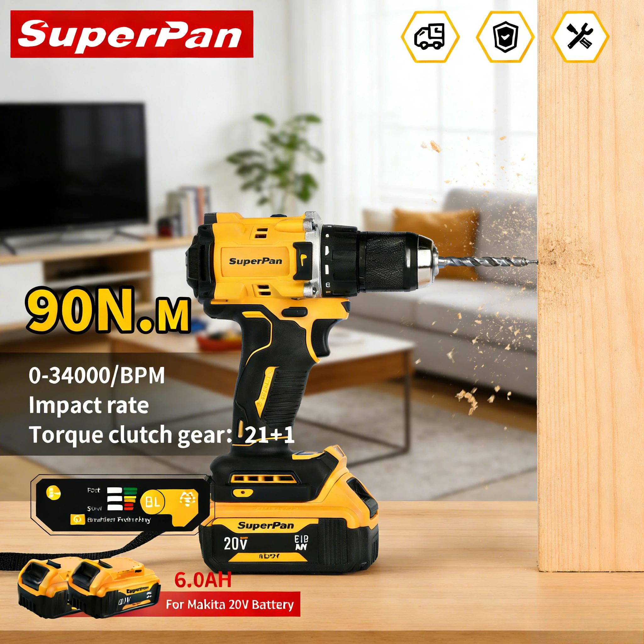 

SuperPan 20V High-Speed Drill 0-2000rpm 13mm Chuck 90Nm Driver For Woodworking Home Repair Car Fix For Dewalt 20V Battery