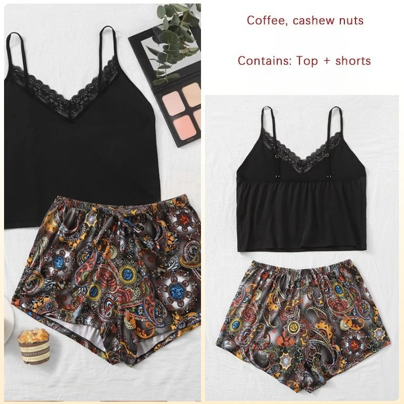 Krismile Summer Casual Pajama Sets for Women 2025 Sexy Lace Breathable Vest Top Print Drawstring Shorts Two Pcs Women Clothing
