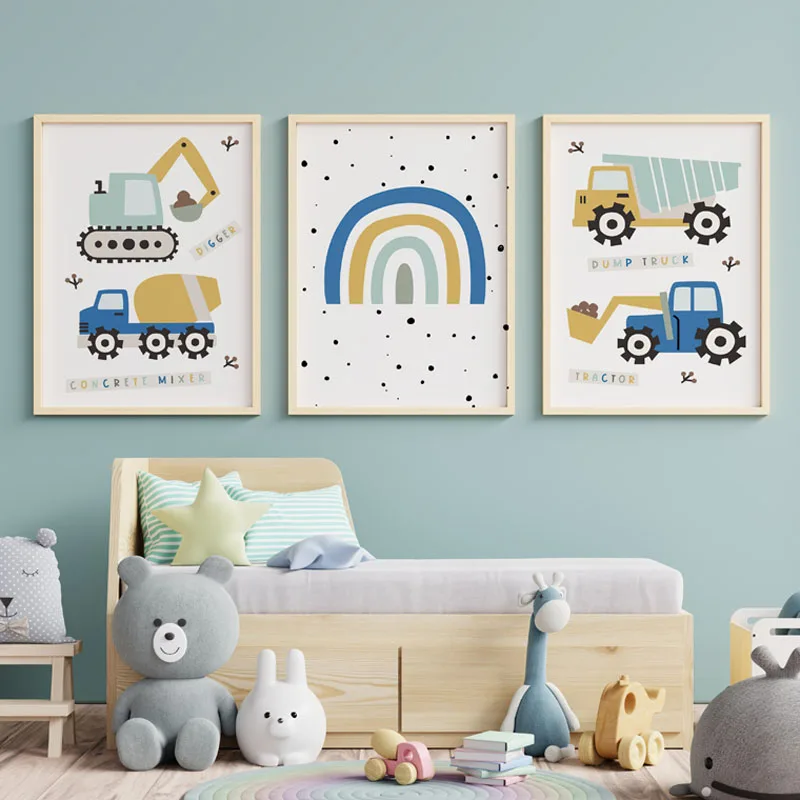 Cartoon Excavator Tractor Truck Rainbow Wall Art Canvas Painting Nursery Print Child Poster Nordic Wall Pictures Boys Room Decor