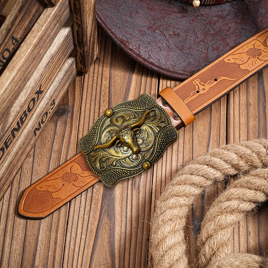 حزام Niu Tou Tang بنمط العشب رائع منحوت على شكل لوحة كبيرة بإبزيم معدني للرجال والنساء - نمط غير منتظم منحوت Fl