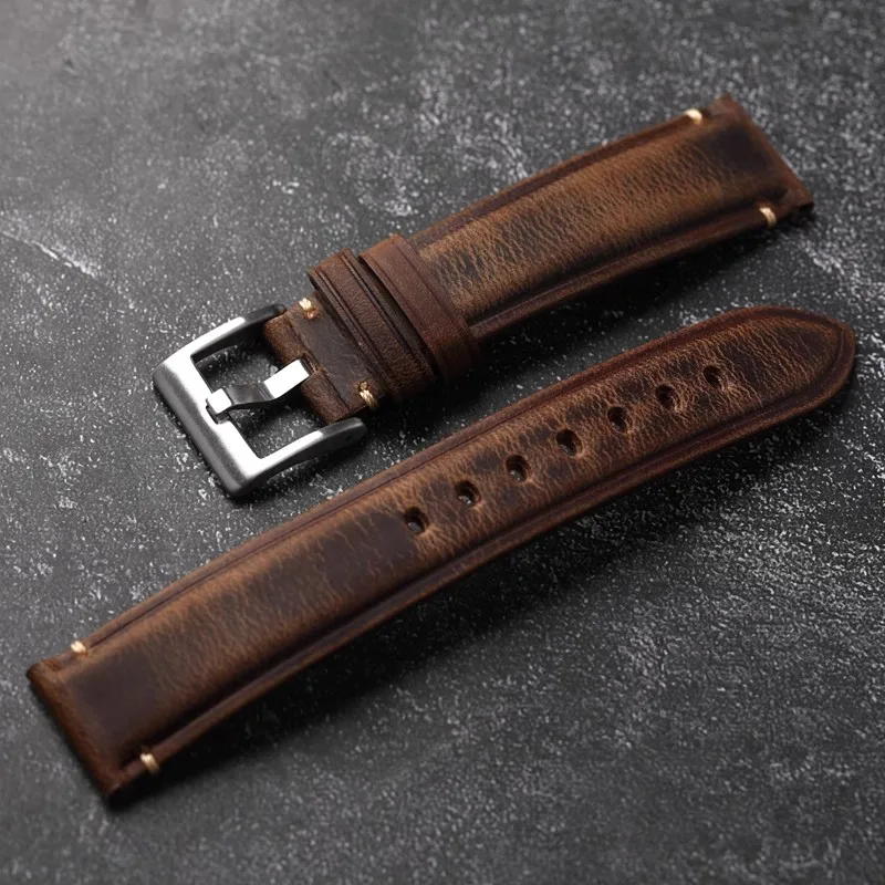 Handmade Vintage Crazy Horse Leather Genuine Leather Strap 18MM 19MM 20MM 21MM 22MM Brown Head Cowhide Bracelet