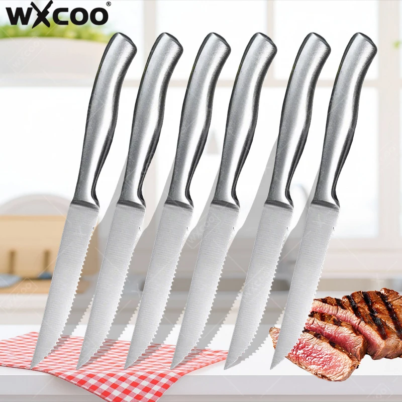 WXCOO Professionelles Ganzstahl-Steakmesser, langlebiges Küchenchef-Abendessenmesser, gezahnte Steakmesser, Grill- und Kochzubehör