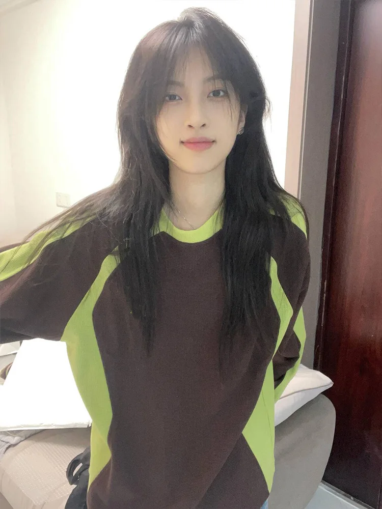 Waffle Knit Sweatshirt No Hat Womens Y2K Clothes 2000S Winter Warm Lined High Street Heavyweight Knitting Stitched Beautiful Ins