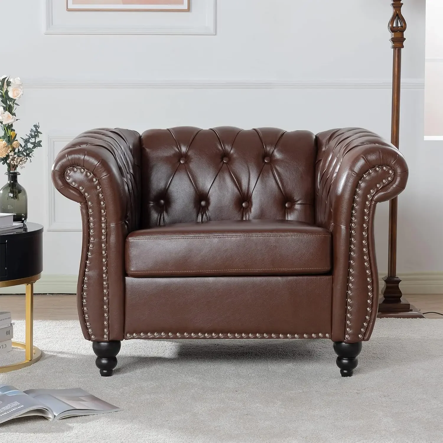 Leather Chesterfield Chair, Mid-Century Modern Single Sofa Chair, Rolled Armchair for Home Bedroom Reading Room (Dark Brown)