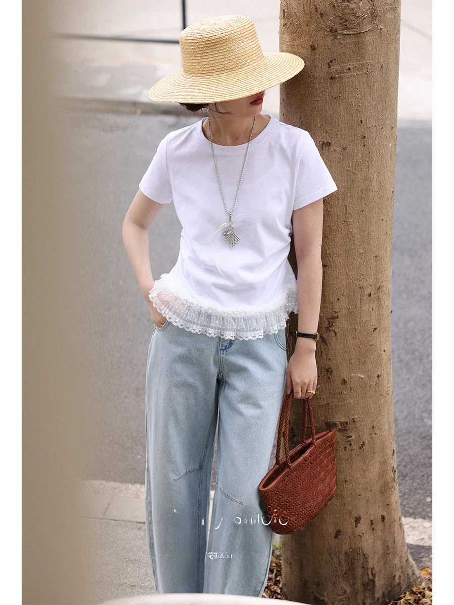 

Новая летняя женская футболка с круглым вырезом и коротким рукавом, с кружевной отделкой, плиссированный хлопковый топ, универсальный базовый корейский стиль для повседневной носки