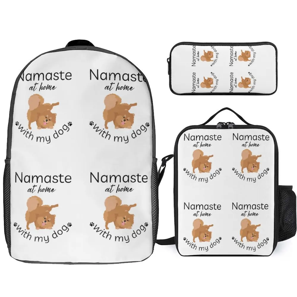 

Namaste At Home With My Dog Set Pomeranian Yoga Lasting Cosy Rucksack 3 in 1 Set 17 Inch Backpack Lunch Bag Pen Bag Sports Activ