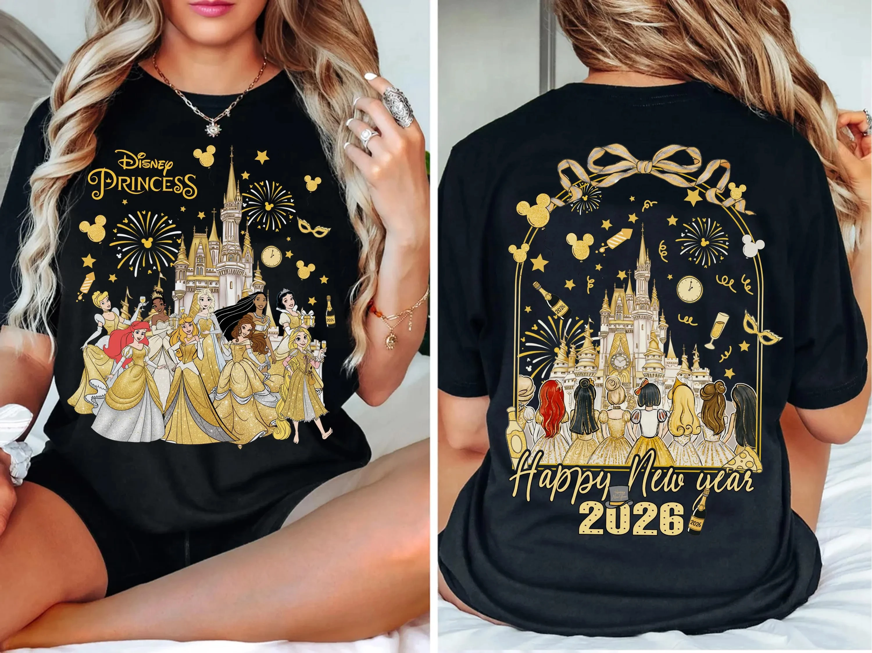 تي شيرت ديزني برينسيس 2026 بفيونكة للعام الجديد ، عائلة ديزني 2026 تي شيرت سنة جديدة سعيدة ، 2026 تي شيرت جولة ديزني العالمية Epocat