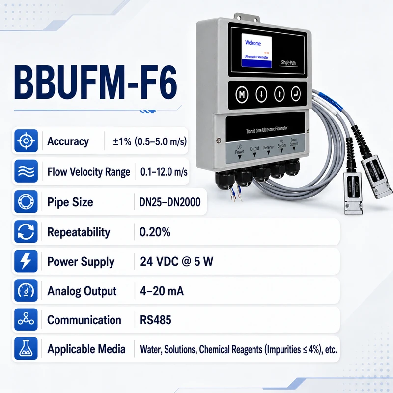 DN25-DN2000 industrial ultrasonic flowmeter, the flow range is 0.1-12 m/s, suitable for aqueous solutions and chemical reagents