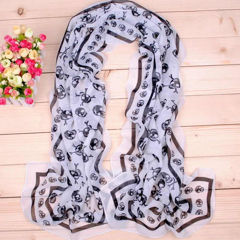 150*50cm Women Foulard Skull Print Chiffon Georgette Scarf Bandana Elegant Long Shawl Hijab Summer Sun Protection Beach Scarves