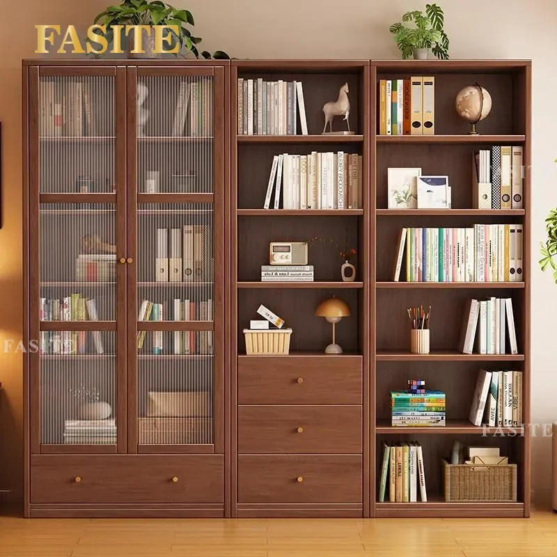 For Solid Wood Floor to Ceiling Bookshelf with Glass Door Modern Simple Multi Layer Display Cabinet Dust Proof Storage Locker