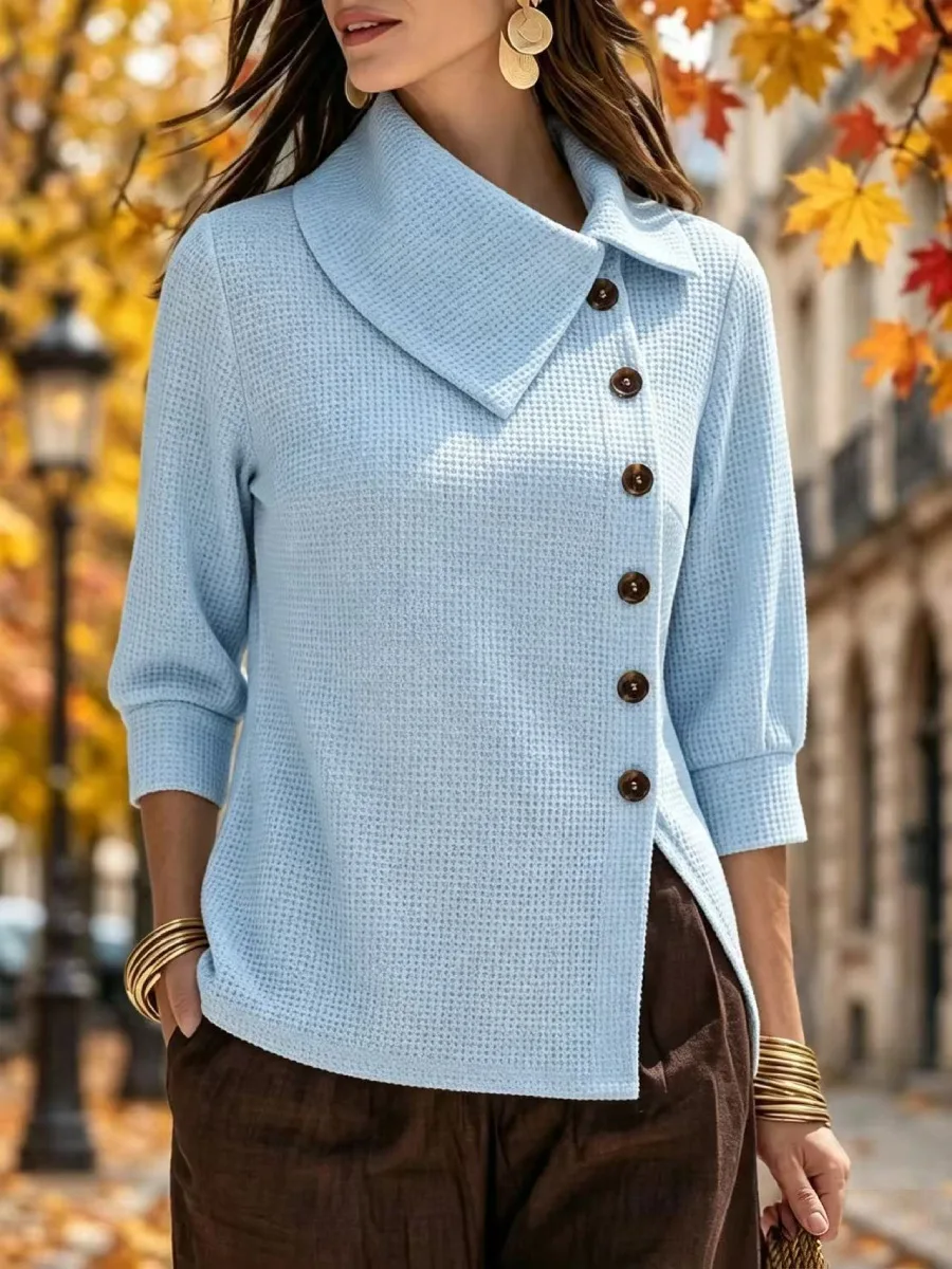 Waffle Minimalist Women's Clothing New Autumn Winter Solid Color Fashion Casual Style Long Sleeved Lapel Single Breasted Tops