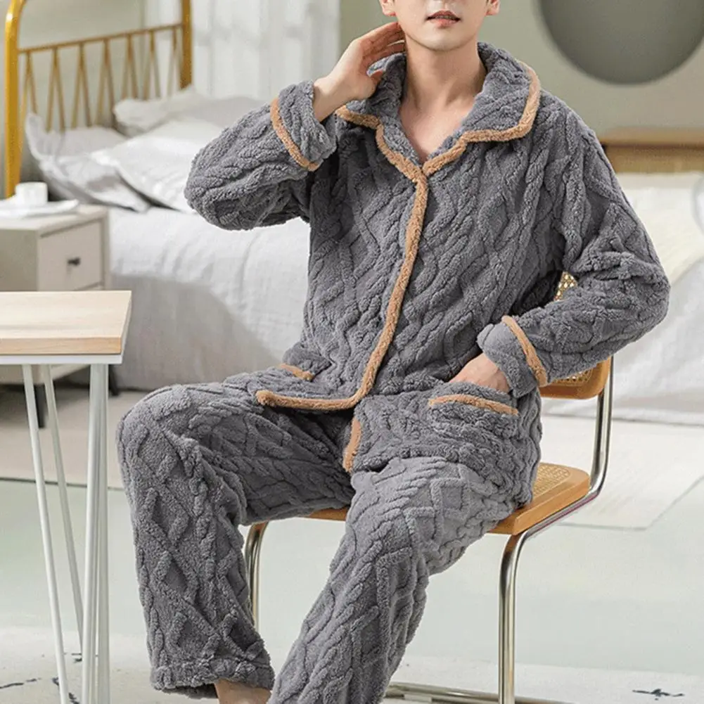 Two-piece Men Pajamas Cozy Men's Coral Fleece Pajama Set with Long Sleeve Tops Wide Leg Pants Winter Loungewear Set for Comfort