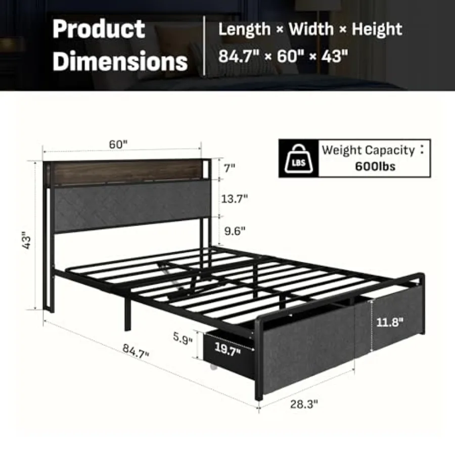 Queen adjustable frame for bedroom use, upholstered metal, gray, with storage headboard, charging station, power head lift, and