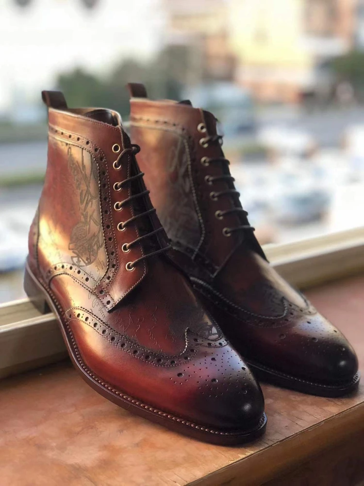 cie Laser Design Boot Hand-Painted Full Grain Calf Leather Patina Redish-Brown Handmade Leather Out-sole Ankle Boots MA10