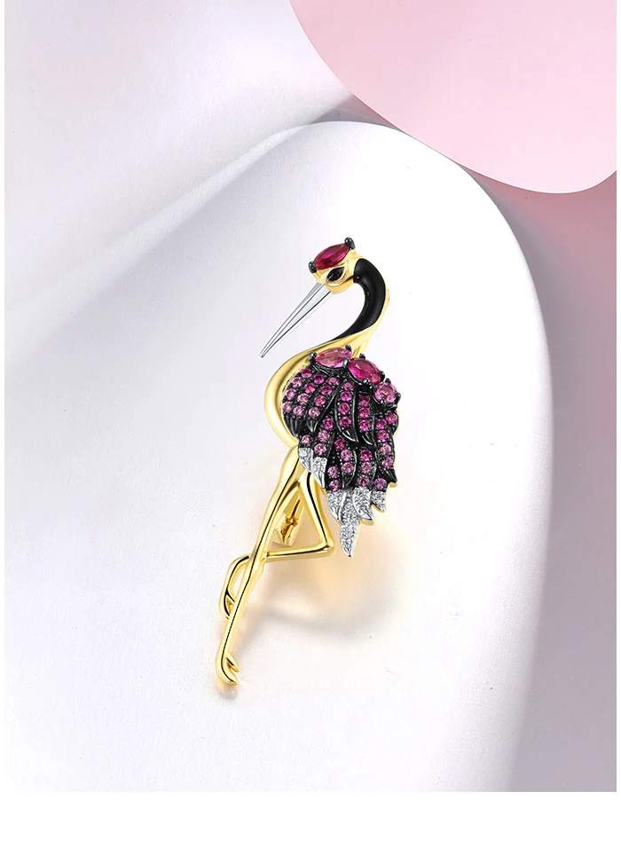 SANTUZZA Brosche aus reinem 925er Sterlingsilber für Damen, mit rosa Saphir und Rubin, Flamingo-Vogel-Motiv, zarter edler Schmuck. – Detail 1