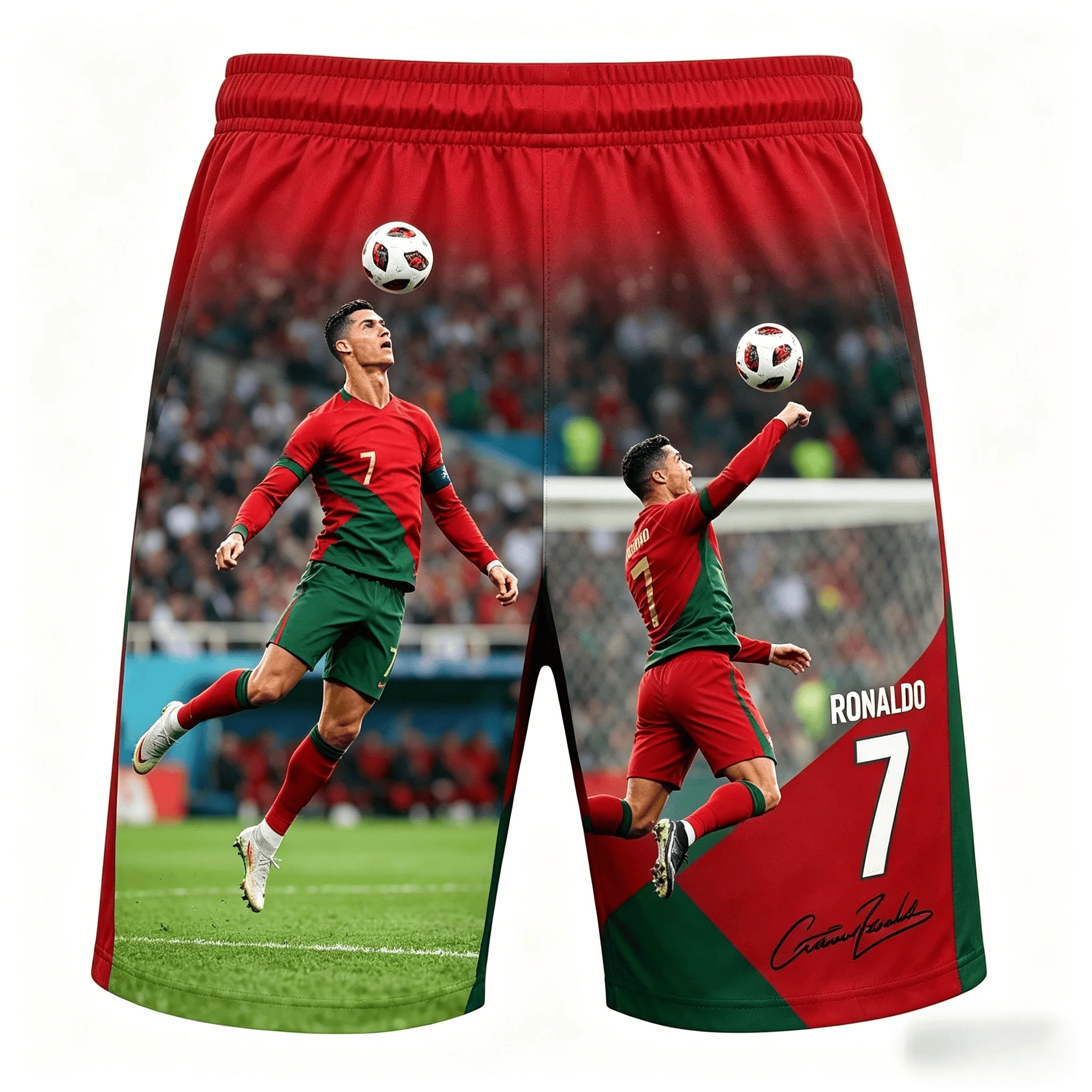 Cristiano Ronaldo's Red and Green Gradient Ink Design, Mesh Plus Size, Loose and Breathable Fabric, Family Machingkids Shorts