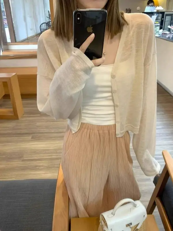 

Легкий женский кардиган из ледяного шелка с защитой от солнца, летний, с V-образным вырезом, длинными рукавами, свободного кроя, во французском стиле