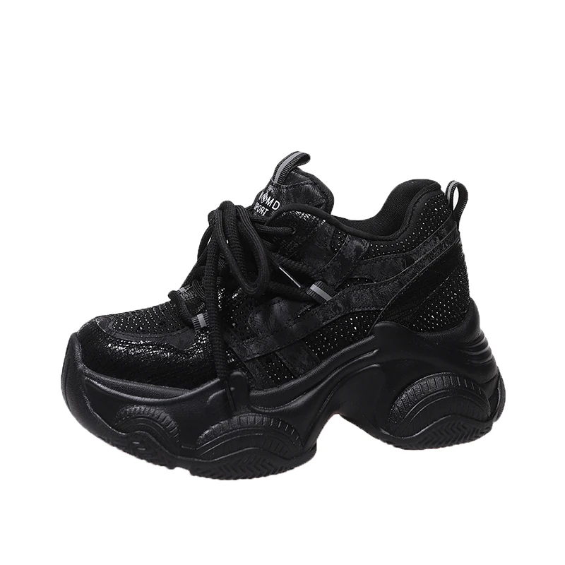 

8CM Women Chunky Sneakers New 2026 Spring Crystal Lace-up High Platform Shoes Breathable Sport Shoes Wedge Heel Casual Dad Shoes