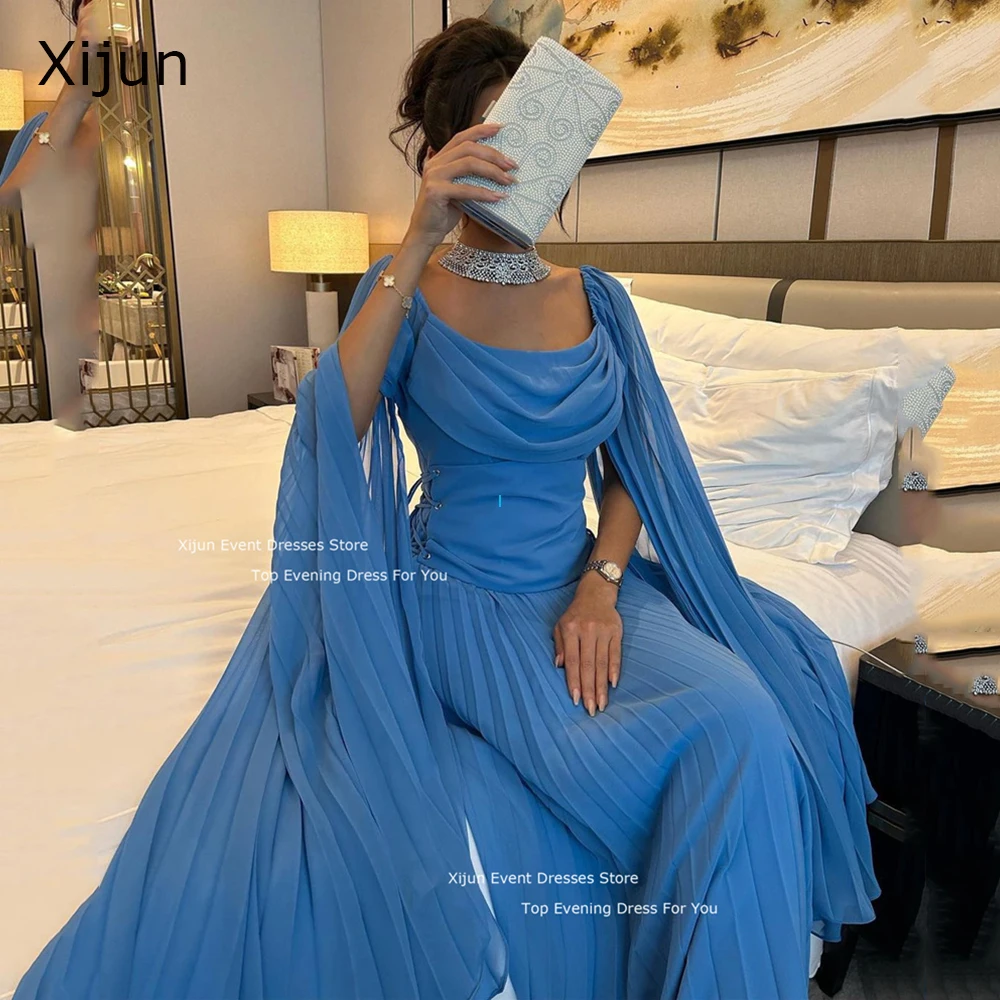 

Xijun Blue Chiffon Evening Dresses Cape Sleeves A-Line Saudi Arabric Prom Dresses Dubai Elegant Prom Gowns For Women Formal Gown