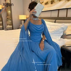 Xijun Blue Chiffon Evening Dresses Cape Sleeves A-Line Saudi Arabric Prom Dresses Dubai Elegant Prom Gowns For Women Formal Gown