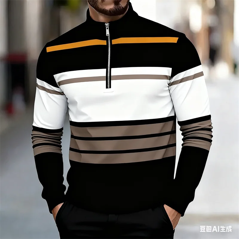 

Fashion 3D Colourful Stripe Colour-blocking Print Men's Half-zip Stand Collar Top Autumn Business Casual Daily Street Trend Top