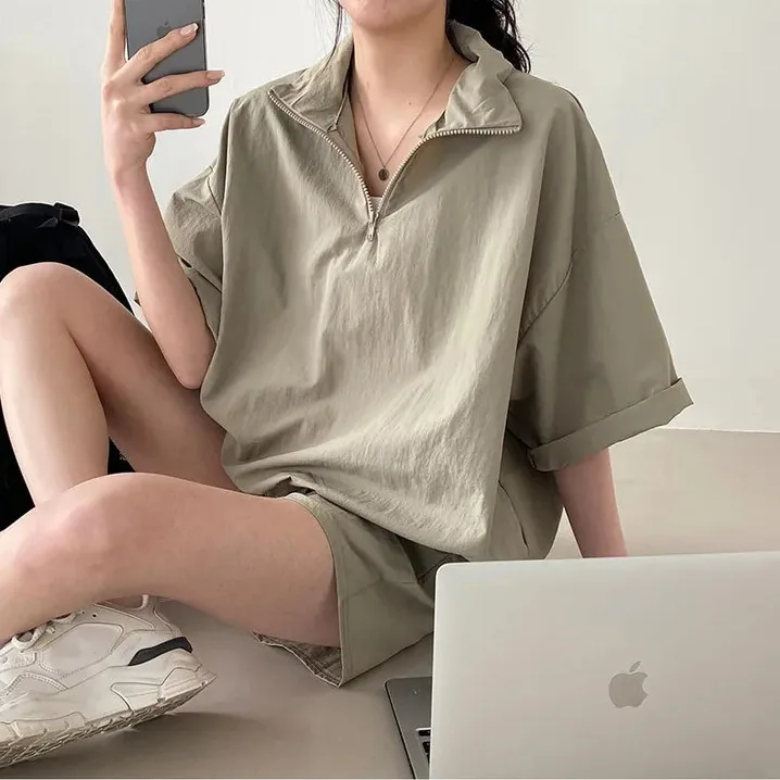 Daily Casual 2 Piece Set Korea Knit Set 2024 Summer Shorts Set Women Polo Neck Short Sleeve Tops Elastic Waist Shorts Tracksuits