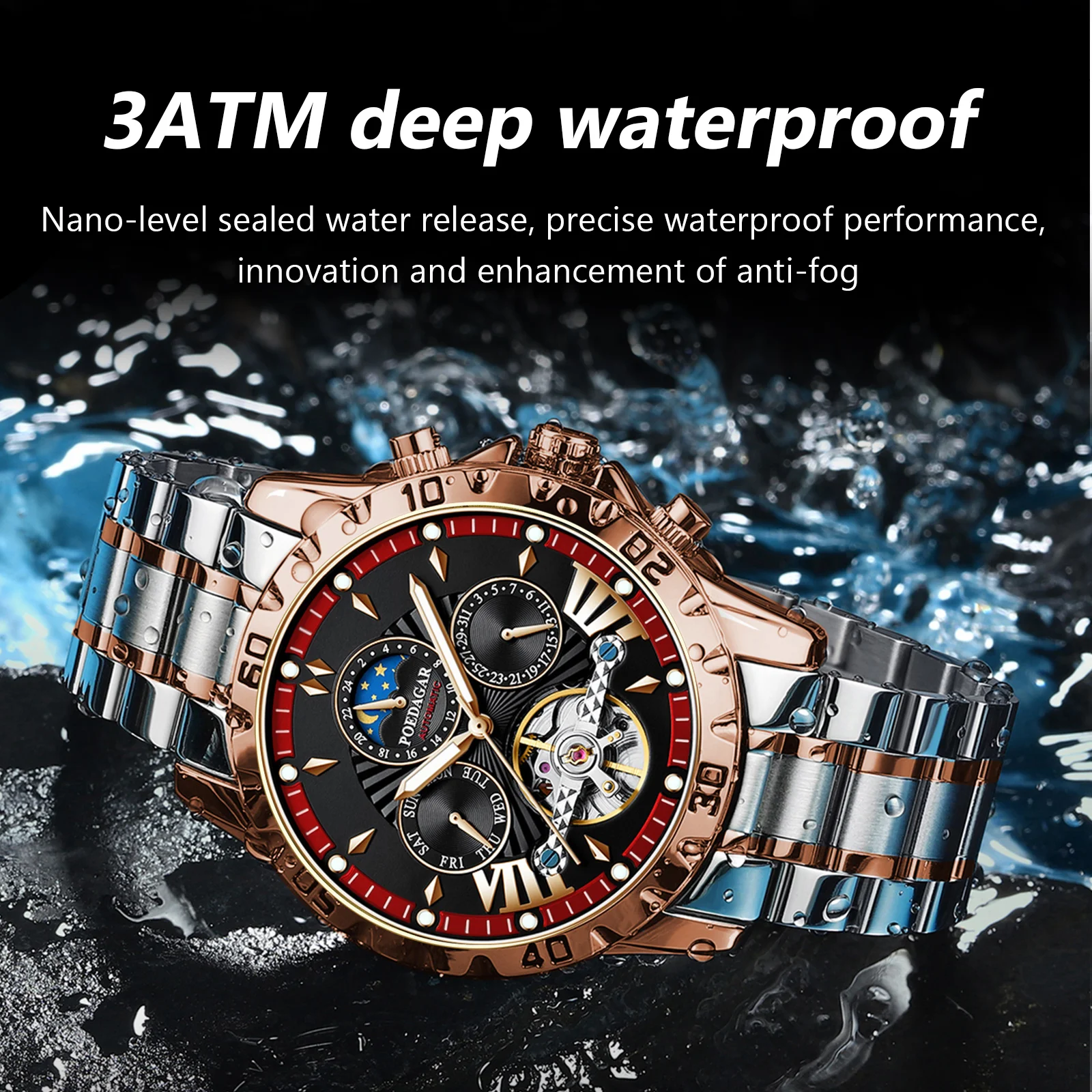 POEDAGAR Luxury Automatic Mechanical Watch For Men Hollow Tourbillon Waterproof Luminous Date Week Stainless Steel Men's Watches