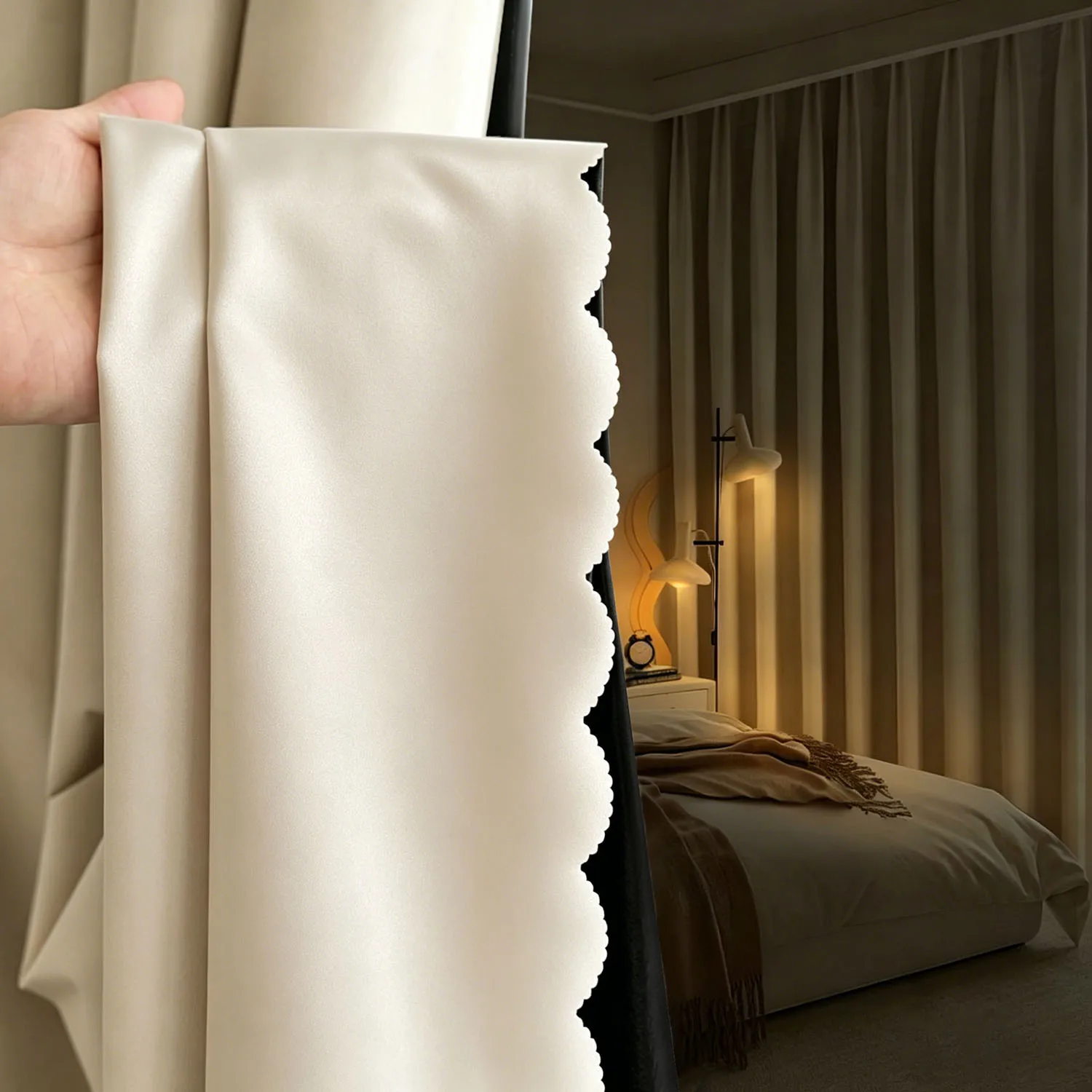 2PCS Rod Pocket Cream Scalloped Edge Blackout Curtains, All‑Season Thermal Drapes for Bedroom Living Room Interior Home Decor