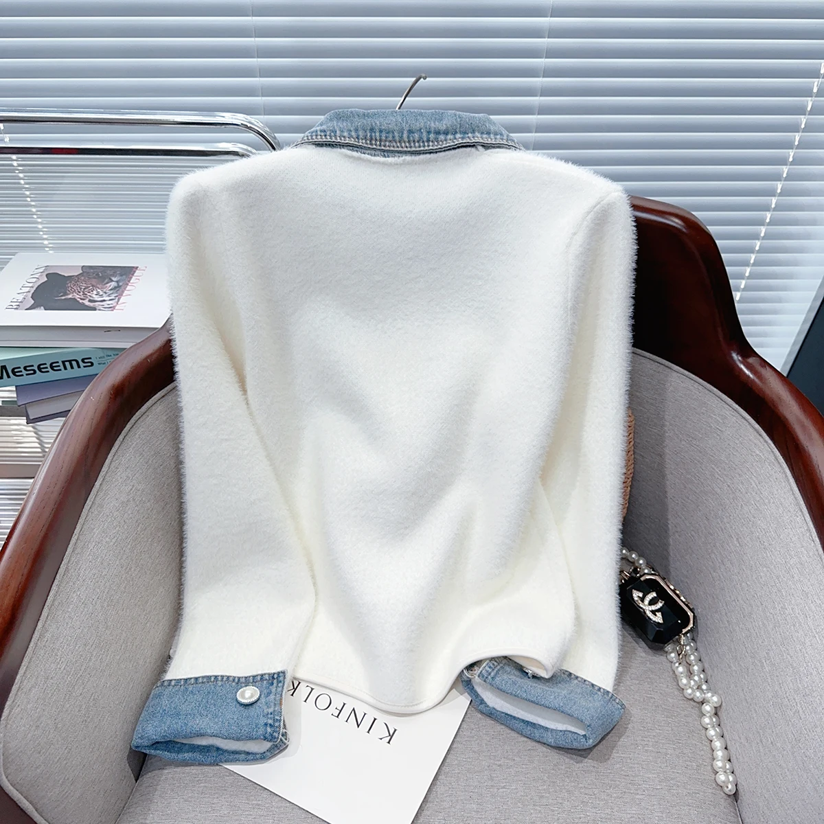 Camisola de malha de vison falso cardigan casaco feminino topos 2025 outono inverno manga longa denim emendado único breasted elegante chique jumper
