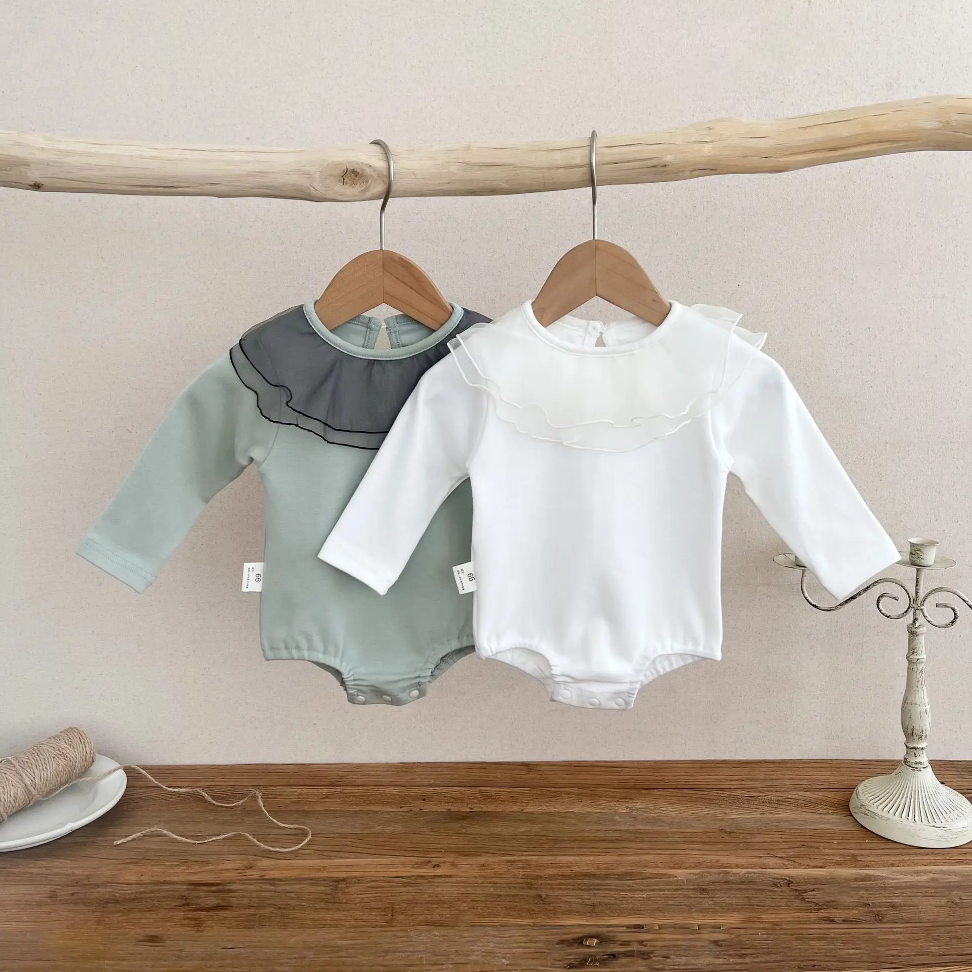 

2024 Autumn New Baby Girl Gauze Collar Long Sleeve Bodysuit Solid Soft Infant Cotton Jumpsuit Newborn Toddler Clothes 0-24M