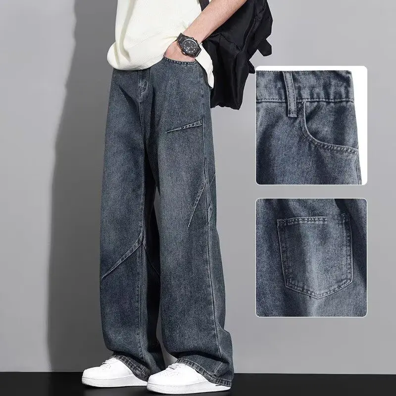 2025 nouveaux jeans hommes printemps et automne rétro lâche jambe droite pantalons décontractés marque de mode américaine haute rue couteau incurvé casserole