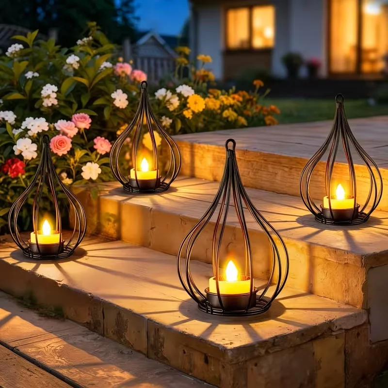 Outdoor Solar Lamp, Metal Lantern Flame Effect Hanging Chain, Flickering for Garden Yard Patio Tree Porch Balcony Decor Gift