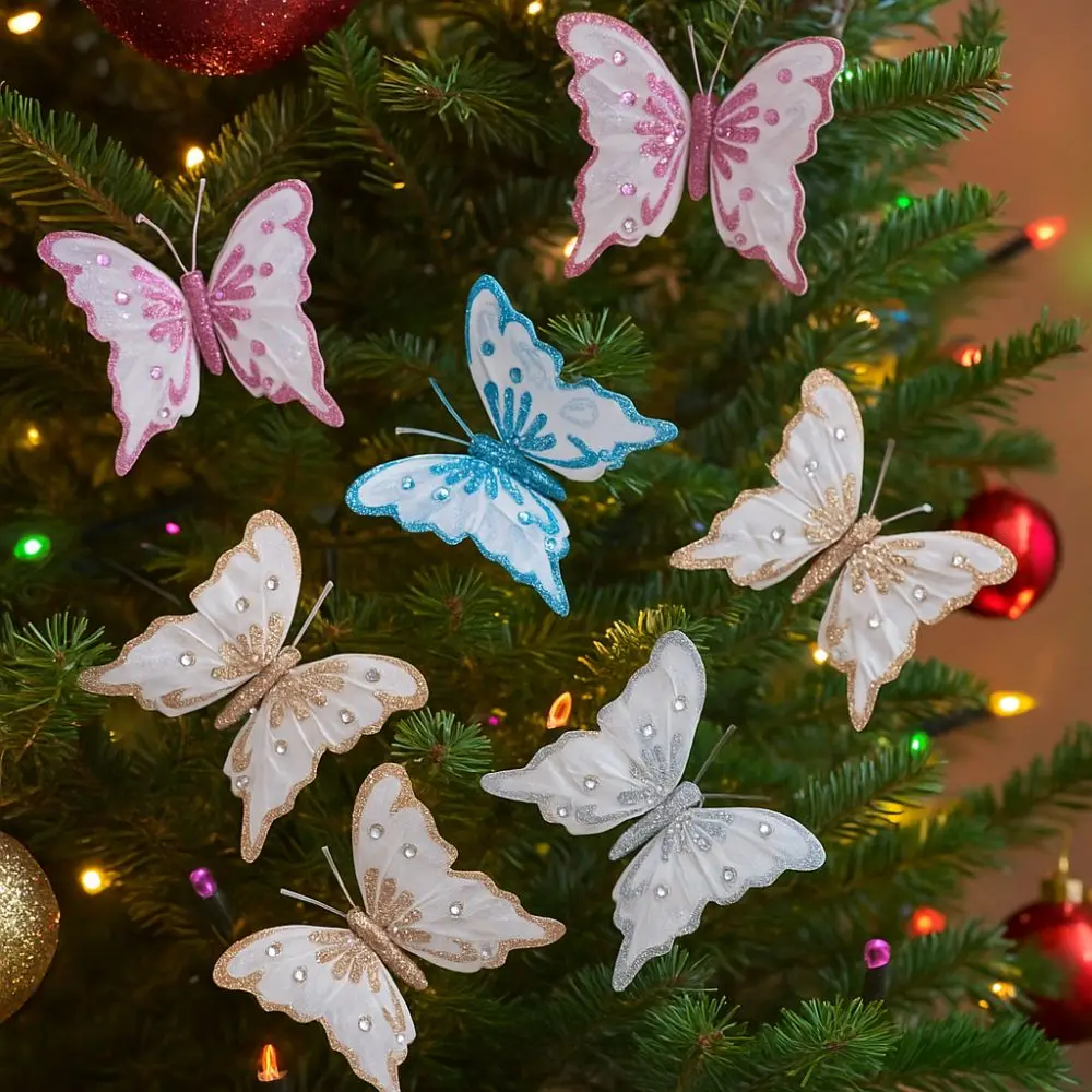 

6Pcs New Christmas Decor Butterflies Christmas Tree Hanging Decor Glitter Simulation Butterfly Scene Ambience Arrangement Decor