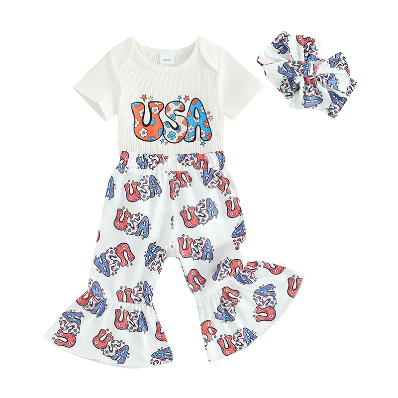 BULINGNA Infant Baby Girl 4th of July Outfit Short Sleeve Letter Print Romper Cow Floral Flare Pants Western Cowgirl Clothes