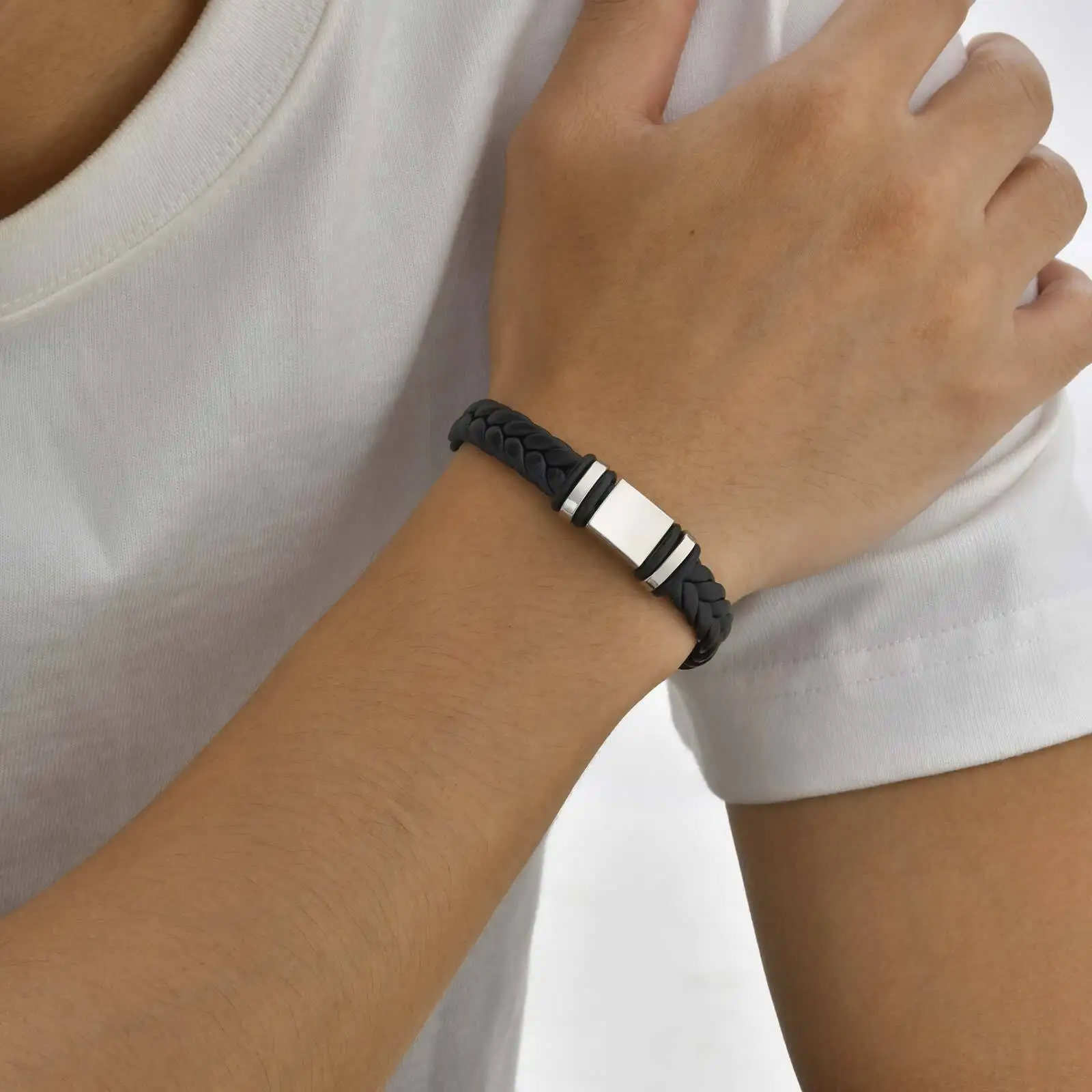 Initials Leather Bracelet for Men Boys,Stainless Steel A-Z 26 Letter Charm Woven Wristband,Casual Jewelry Gift to Father Husband
