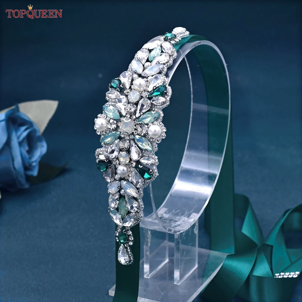 TOPQUEEN S443 cintura da sposa con strass verde di lusso in rilievo per abiti da sera formali fascia decorativa con diamanti personalizzati fatta a mano