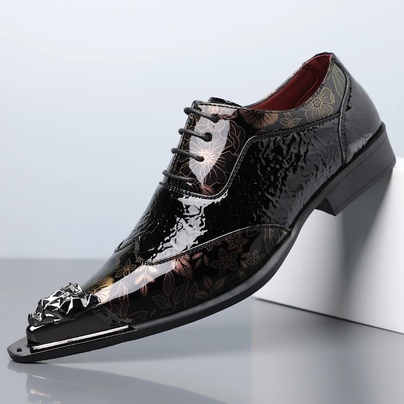 QRLQRL Men's Shiny Golden Metal Cap Toe Loafers Golden Flower Print Shoes Handmade Craft Casual Dress Shoes